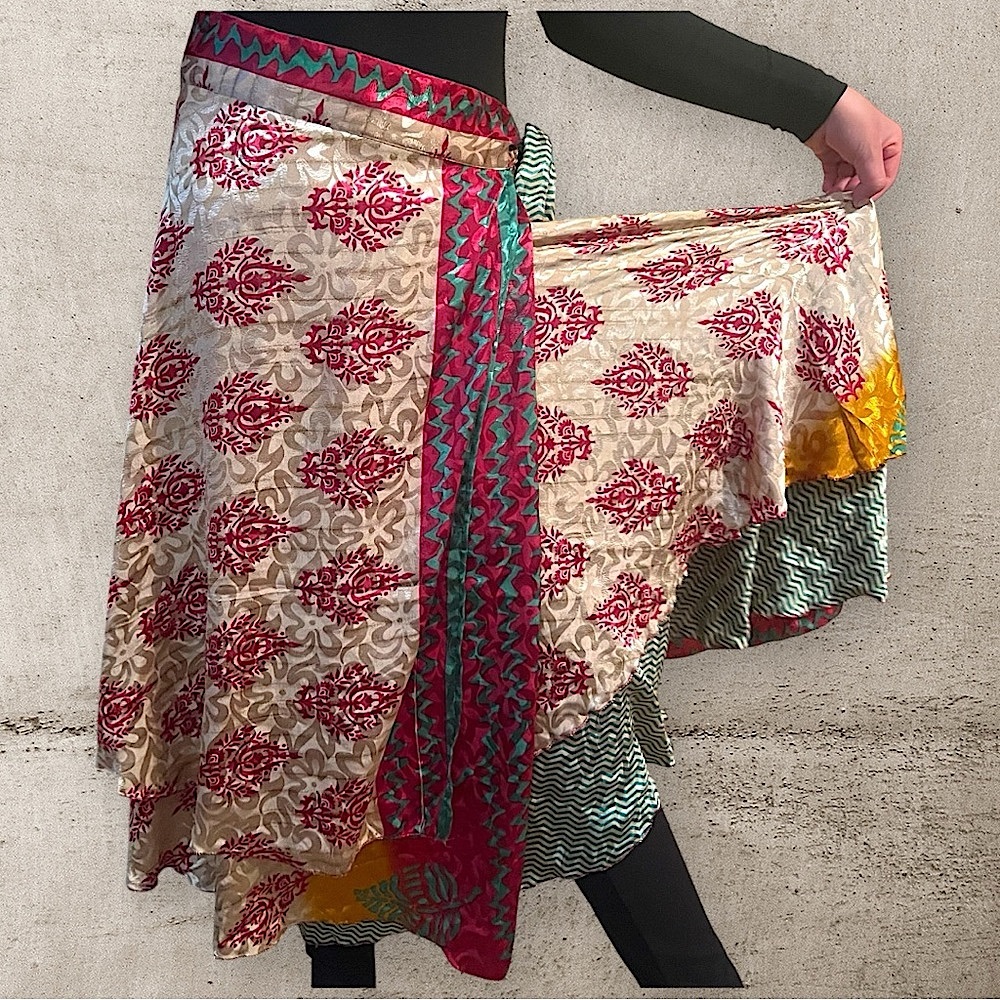 Gypsy silk ren fair Multicolor Women's below knee reversible wrap vintage Skirt - Picture 3 of 6